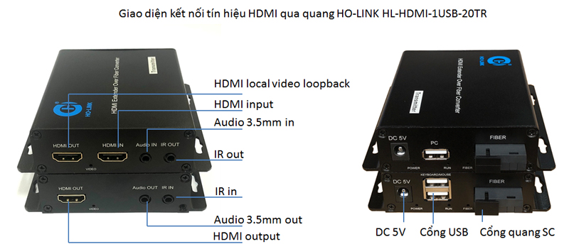 Converter chuyển đổi HDMI sang cáp quang có cổng USB HO-LINK HL-HDMI-1USB-20TR