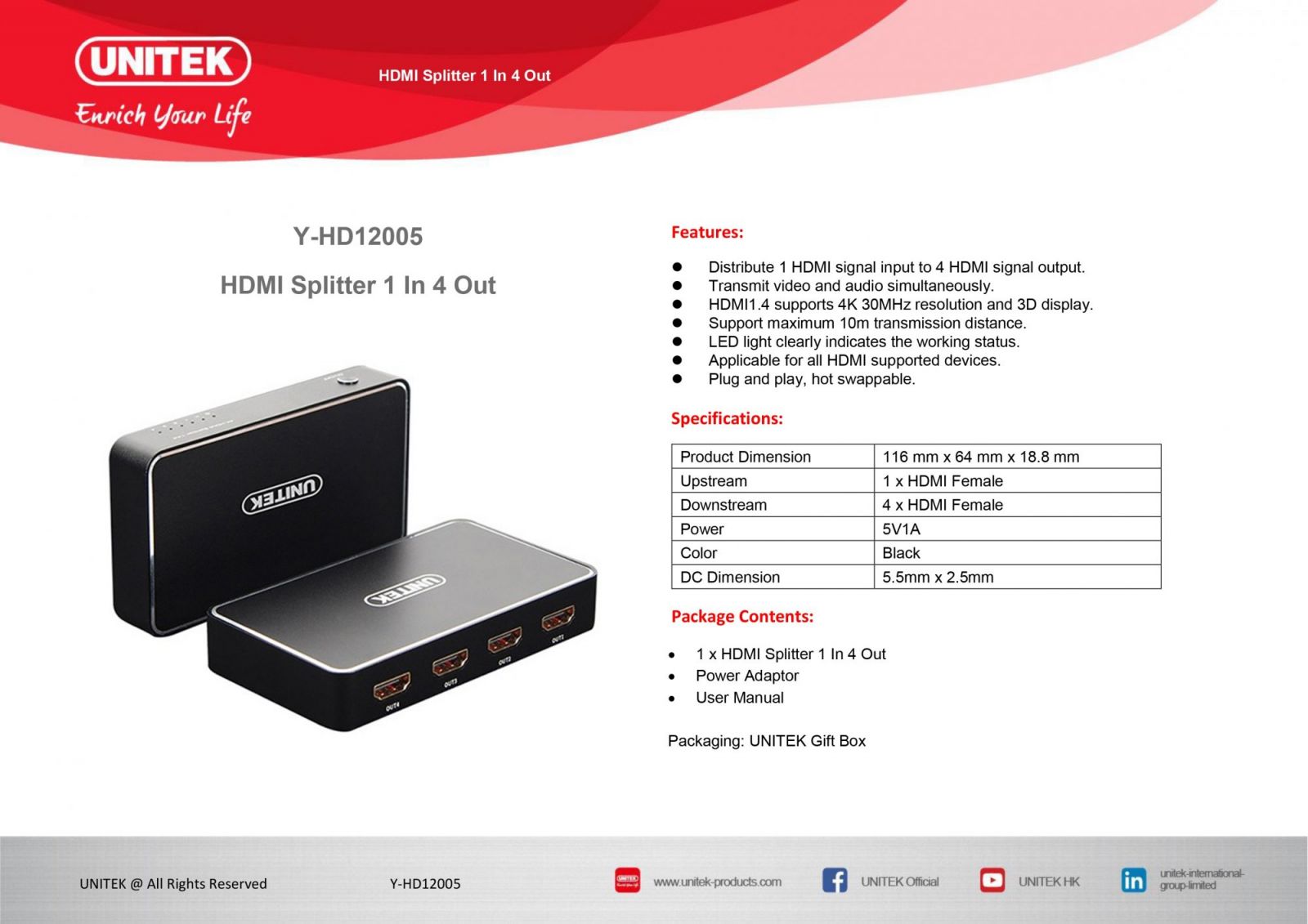 Bộ chia HDMI 1-4 Chính hãng Unitek Y-HD12005