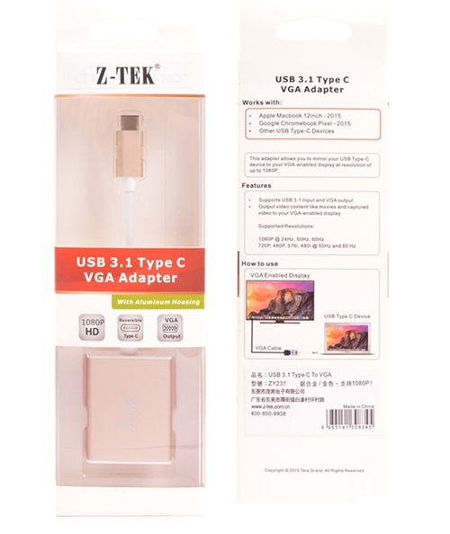  Cáp chuyển đổi USB Type-C 3.1 sang VGA Ztek ZY-231 chính hãng| Ztek ZY-231