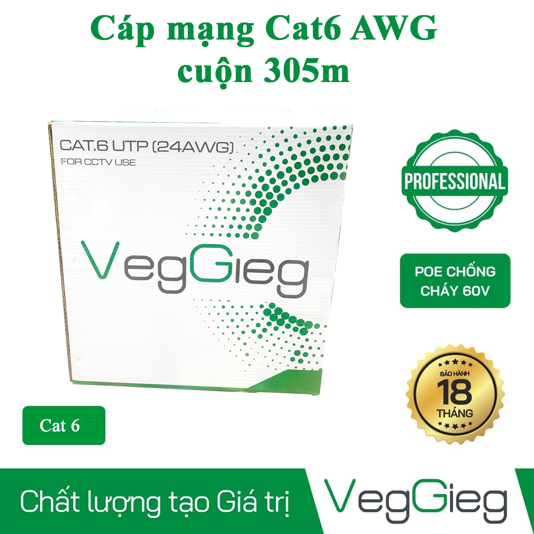 Cáp mạng Cat6 UTP veggieg lõi đồng nguyên chất chuẩn AWG