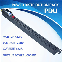 Thanh Nguồn PDU 12 Ổ Cắm 3 Chân - 2P/32A, 6000W - Có Aptomat & Đèn Cảnh Báo An Toàn