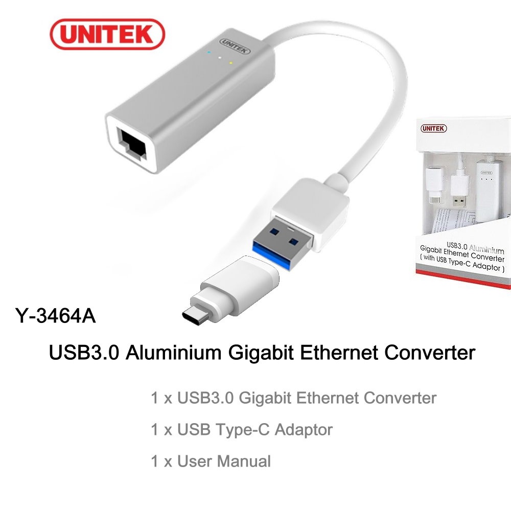 Mua Cáp USB Type-C to LAN Gigabit Ethernet chính hãng Unitek Y-3464A