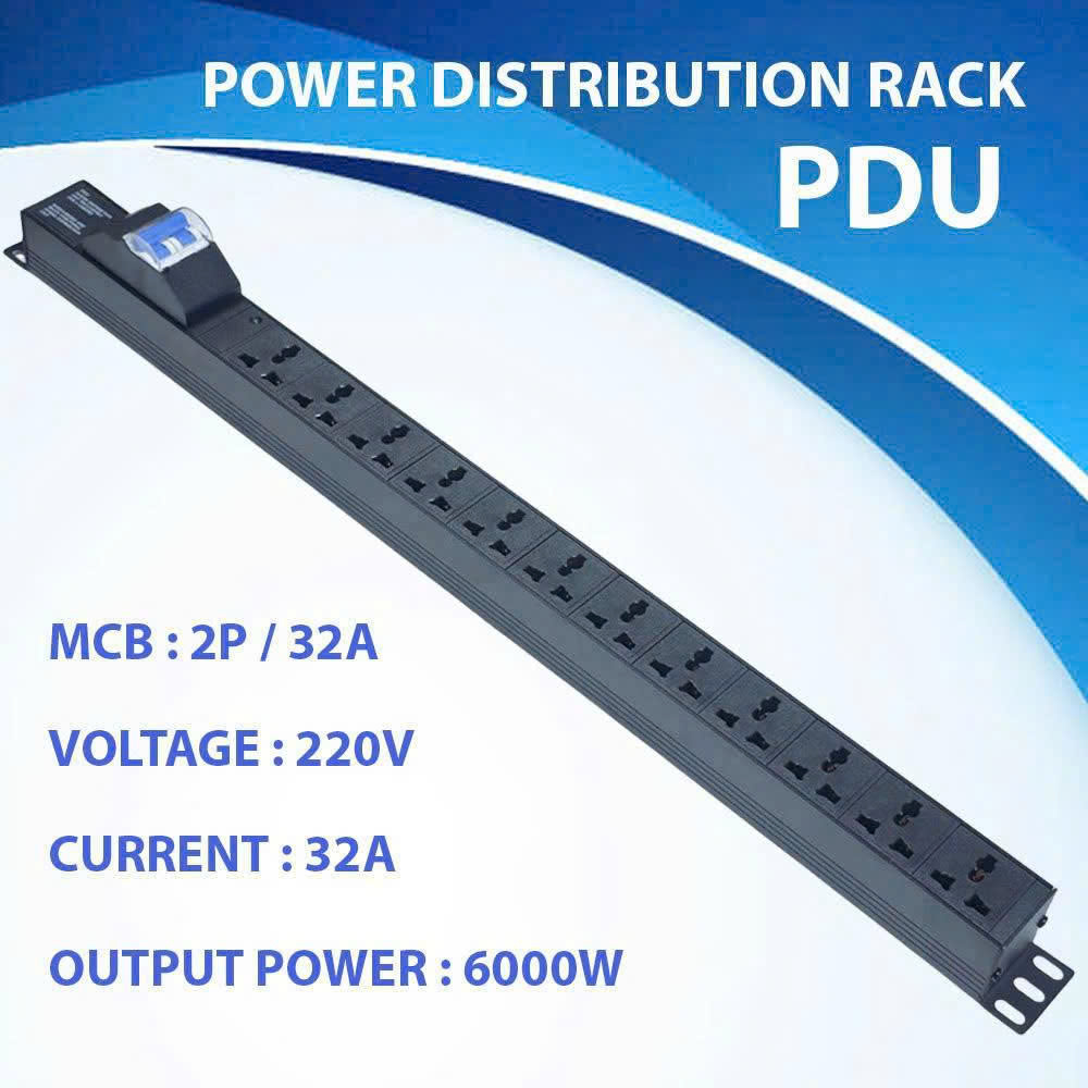 Thanh Nguồn PDU 12 Ổ Cắm 3 Chân - 2P/32A, 6000W - Có Aptomat Chống Quá Tải An Toà